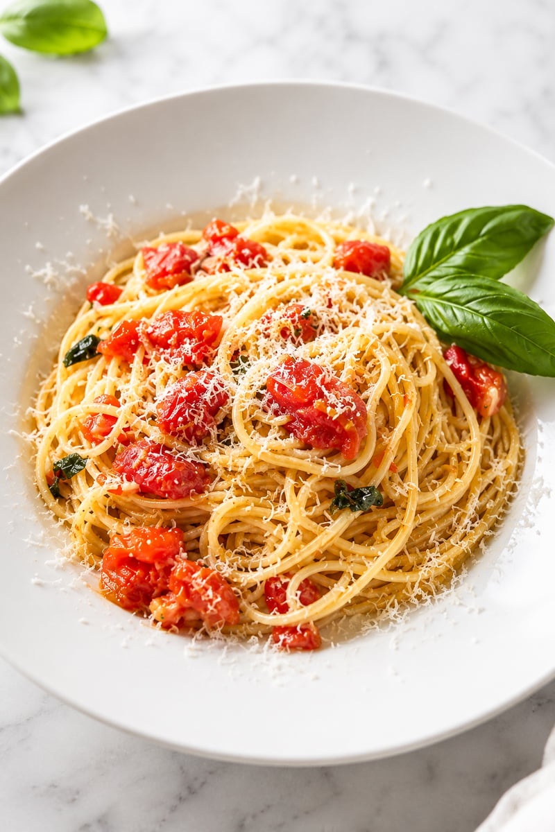 A white plate of Spaghetti al Pomodoro, topped with diced tomatoes, grated cheese, and a garnish of fresh basil leaves, set on a marble surface.