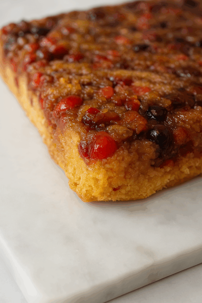 A close-up of a Cranberry Upside Down Cake featuring caramelized fruit and a golden brown base, resting on a white marble surface.