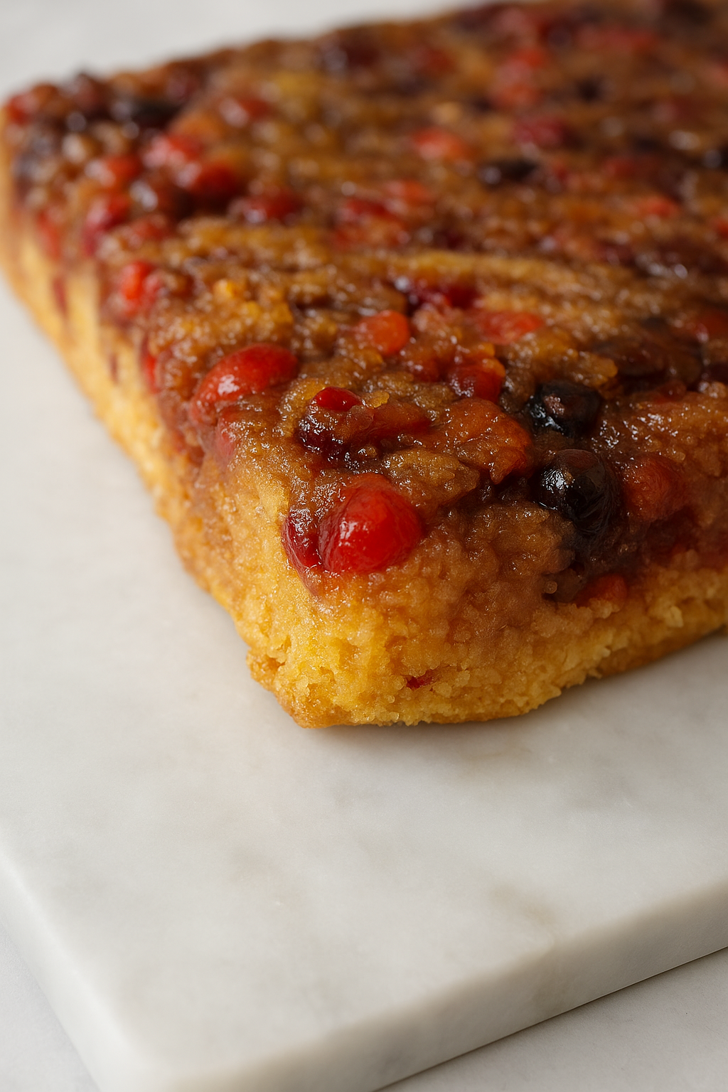 A close-up of a Cranberry Upside Down Cake featuring caramelized fruit and a golden brown base, resting on a white marble surface.
