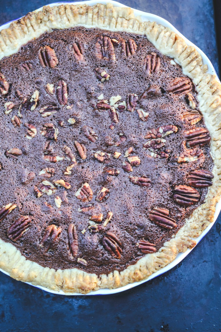 overhead image of chocolate espresso pecan pie