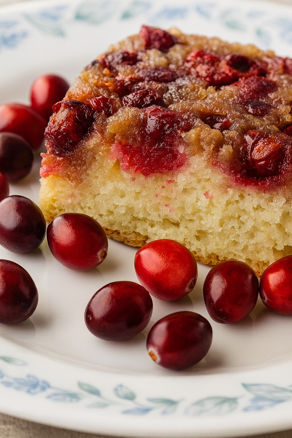 A close-up of a Cranberry Upside Down Cake slice on a white plate with a blue floral pattern, surrounded by whole fresh cranberries.