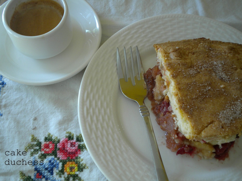 image of cake slice and coffee in a white cup