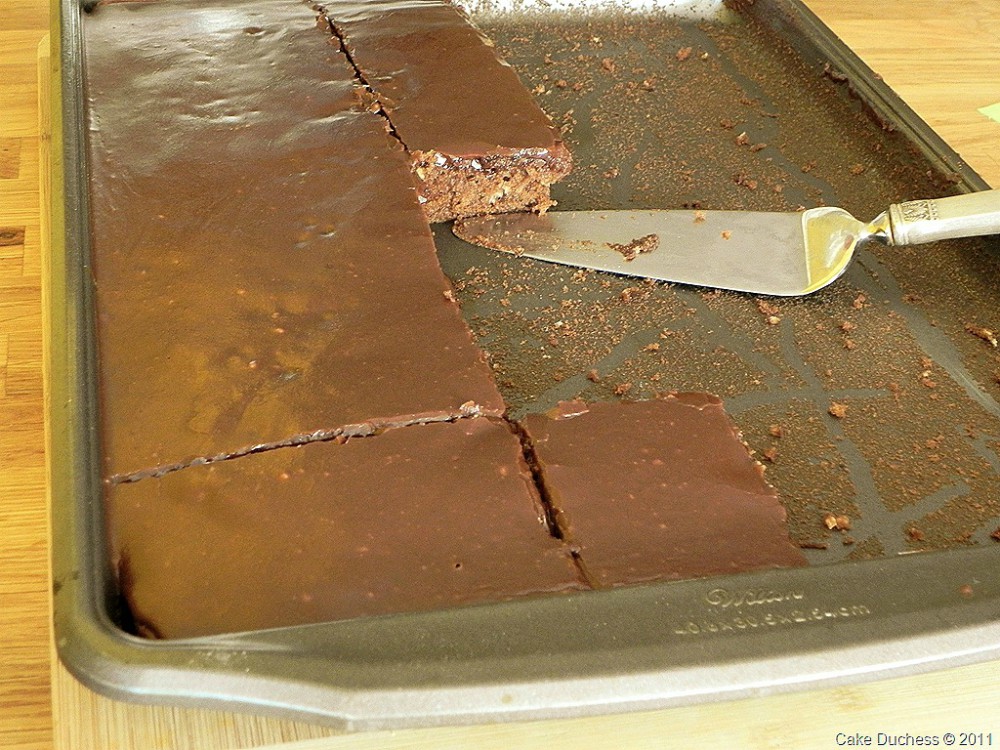overhead image of chocolate cake in sheet pan