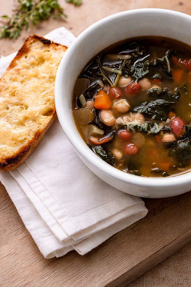 A bowl of Zuppa di Fagioli—Italian bean soup with leafy greens, chickpeas, and diced carrots—sits next to a slice of toasted, buttered bread on a white napkin atop a wooden surface.