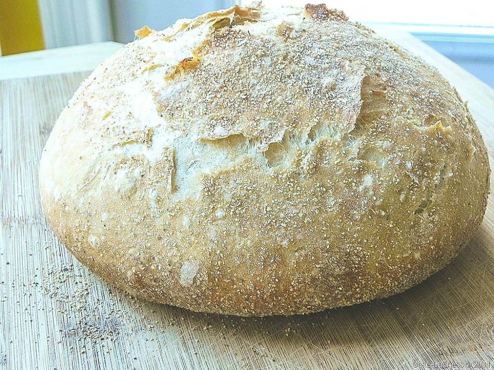 overhead image of no-knead bread on cutting board