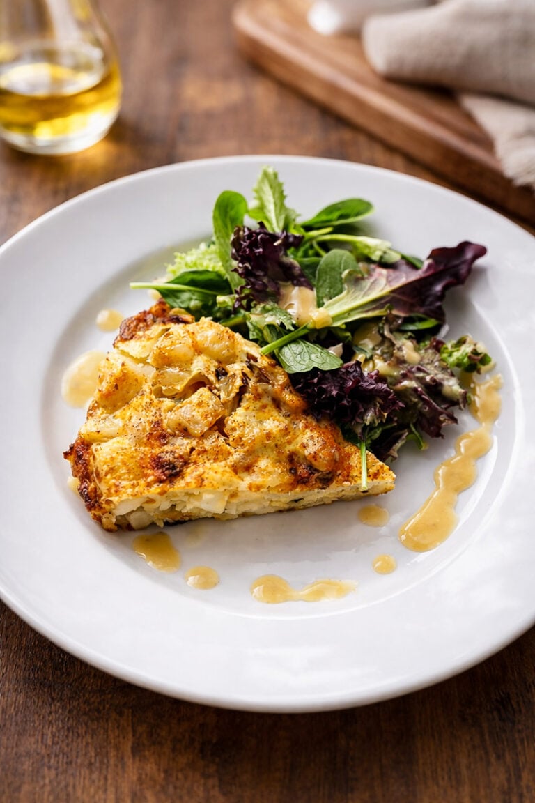 A slice of savory quiche is served on a white plate with a small side salad of mixed greens, drizzled with light vinaigrette, reminiscent of a classic Basque Potato Tortilla, on a wooden table.