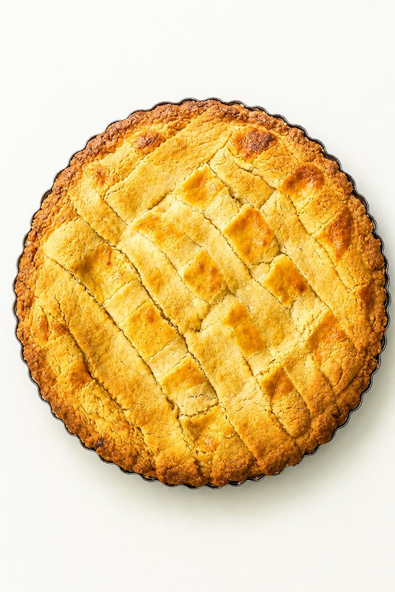A round Crostata alla Ricotta and Chocolate Chips with a golden-brown, crisscross lattice crust, baked in a fluted-edge tart pan, viewed from above on a white background.