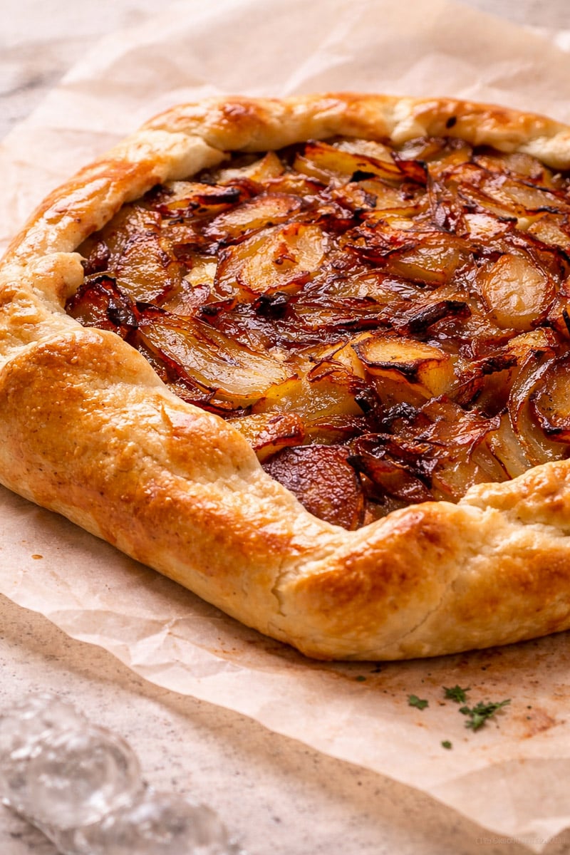 A rustic savory tart with potatoes and caramelized onions, topped with crumbled feta on a golden, flaky crust, all resting on a piece of parchment paper.