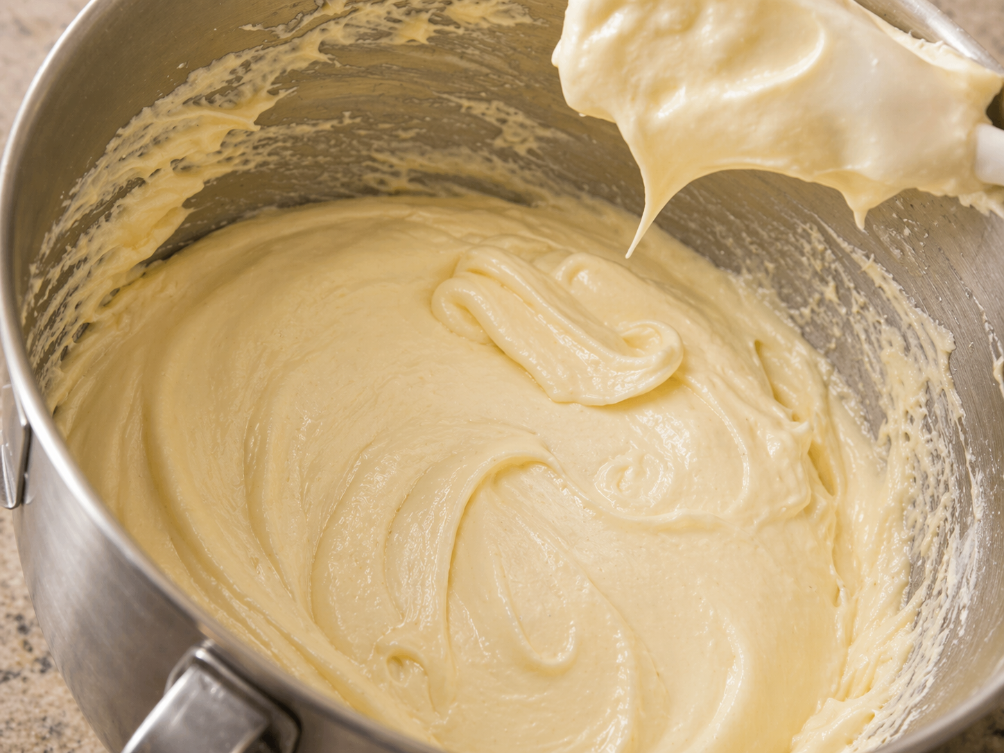 A metal mixing bowl filled with smooth, creamy Traditional Italian Birthday Cake batter. A spatula coated with batter rests above the bowl, and the bowl sits on a beige countertop.