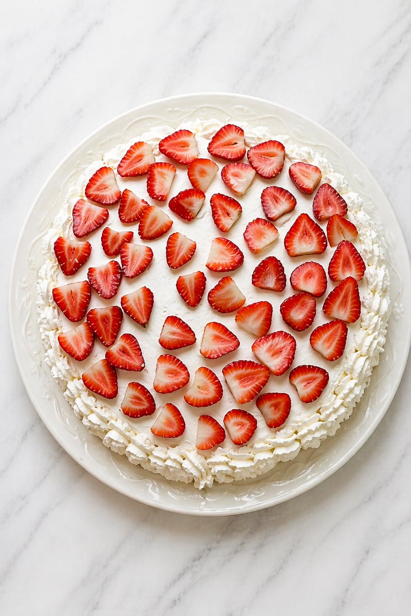 A round Traditional Italian Birthday Cake topped with a layer of whipped cream and decorated with sliced fresh strawberries, displayed on a white plate on a marble surface.