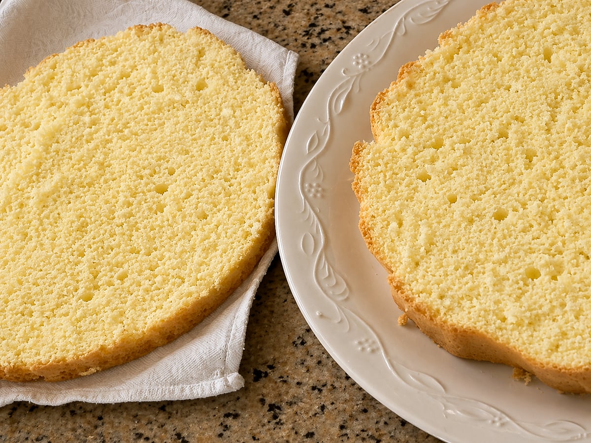 Two round layers of plain yellow sponge cake, reminiscent of a Traditional Italian Birthday Cake, are shown—one on a white napkin and the other on a decorative white plate—both resting on a speckled countertop.