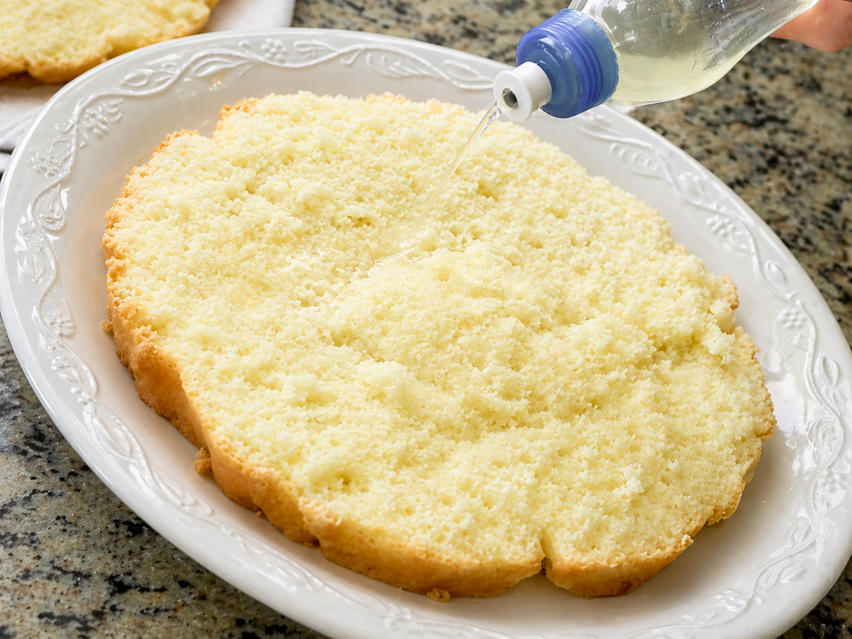 A hand pours clear liquid from a plastic bottle onto a round, unevenly cut sponge cake layer—reminiscent of a Traditional Italian Birthday Cake—placed on a white plate atop a granite countertop.