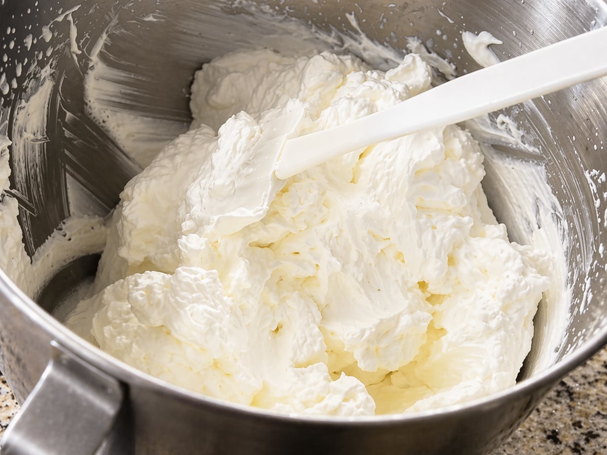 A metal mixing bowl filled with fluffy, freshly whipped cream for a Traditional Italian Birthday Cake. A white spatula rests in the bowl, partially coated with the creamy mixture. The background shows a speckled countertop.