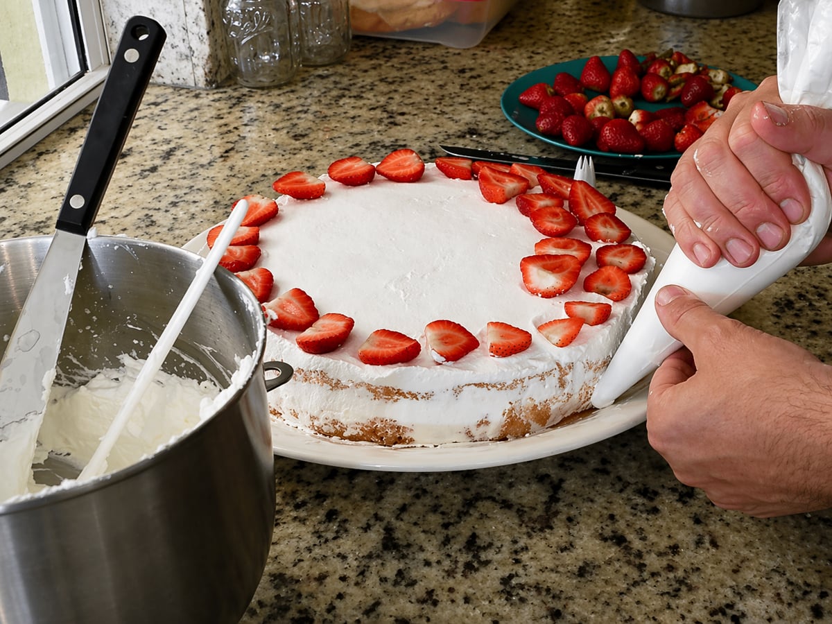 A person decorates a Traditional Italian Birthday Cake with white frosting and sliced strawberries on a kitchen counter. A piping bag, mixing bowl with spatula, and plate of fresh strawberries are nearby.