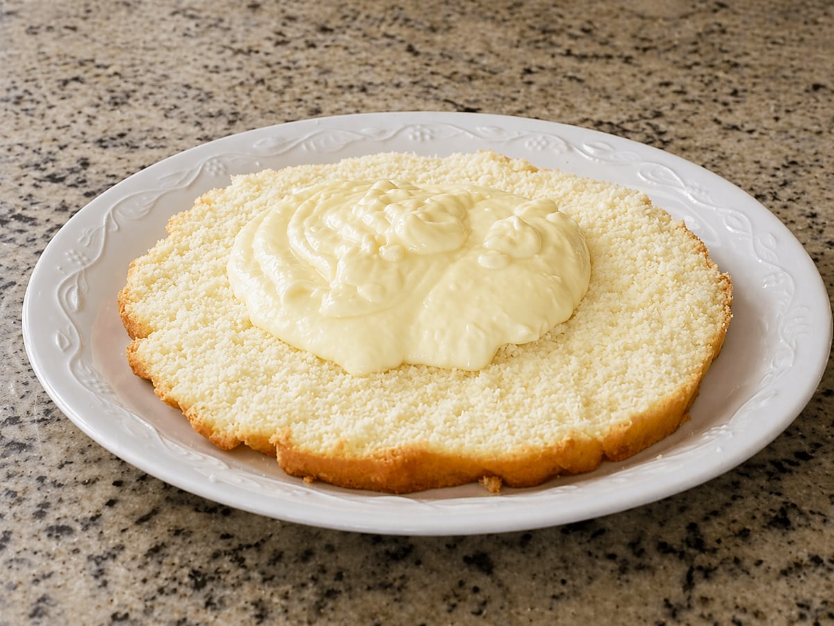A round layer of sponge cake, inspired by a Traditional Italian Birthday Cake, sits on a white plate with a generous amount of creamy filling in the center, resting on a granite countertop.