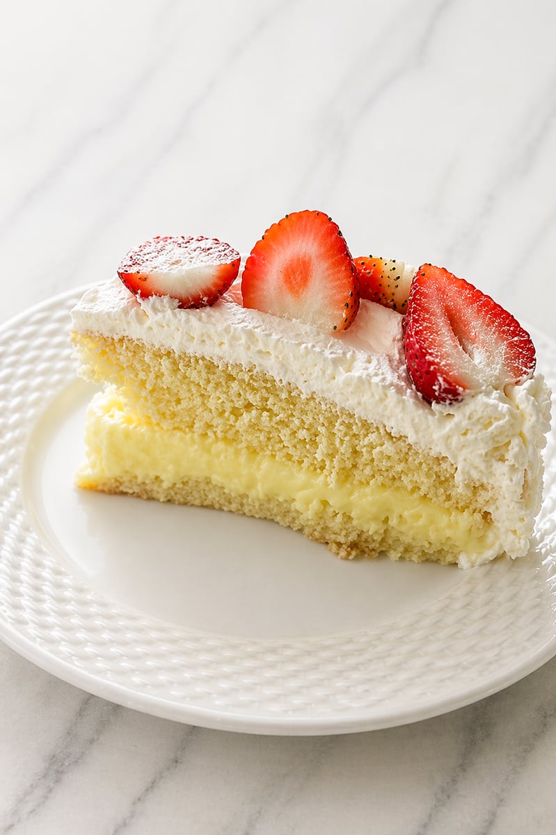 A slice of Traditional Italian Birthday Cake features layered sponge with cream and custard filling, topped with whipped cream and fresh strawberry slices, served on a white textured plate.