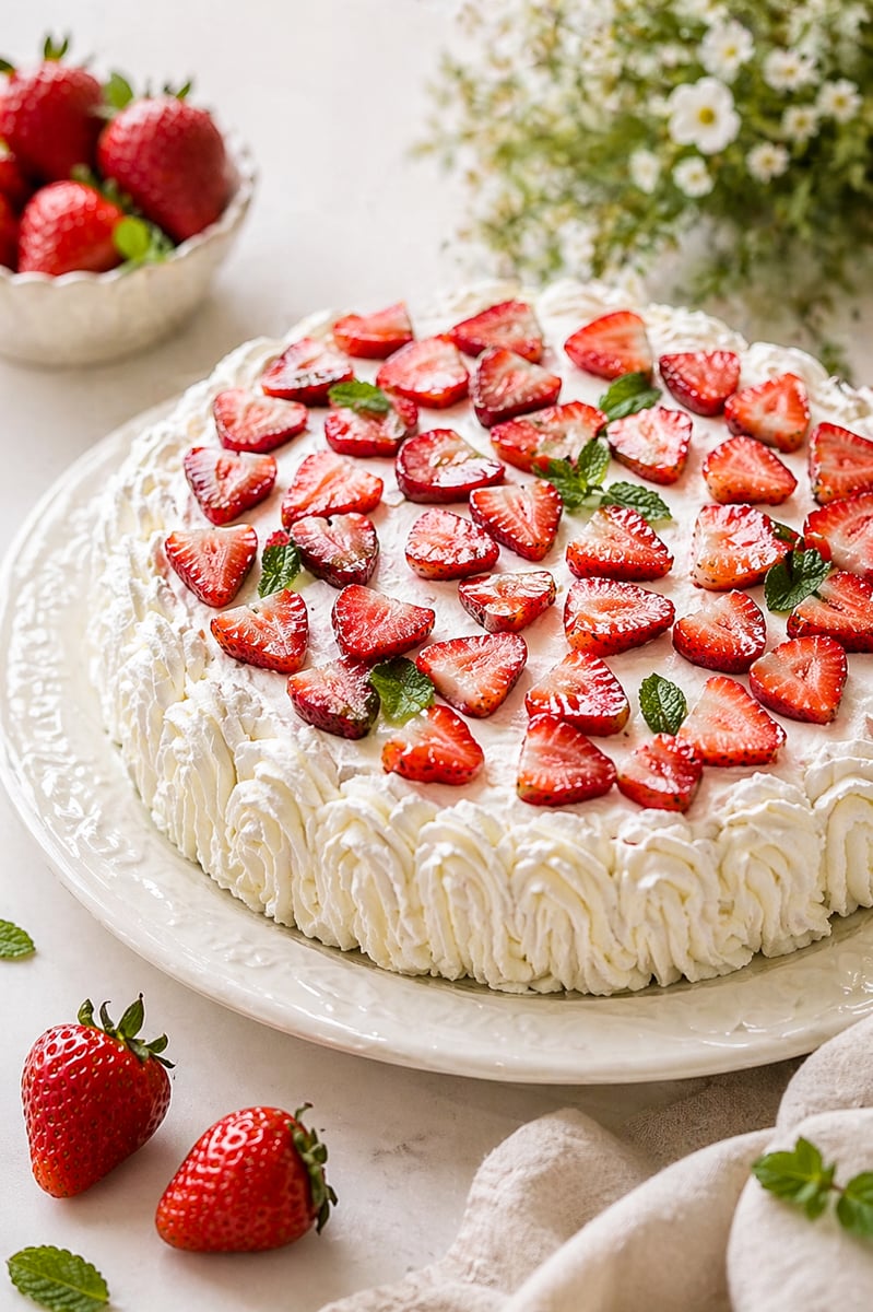 A Traditional Italian Birthday Cake, this round delight is topped with sliced strawberries and mint leaves, decorated with piped whipped cream. Fresh strawberries and a bowl of berries sit nearby, framed by a bouquet of small white flowers in the background.