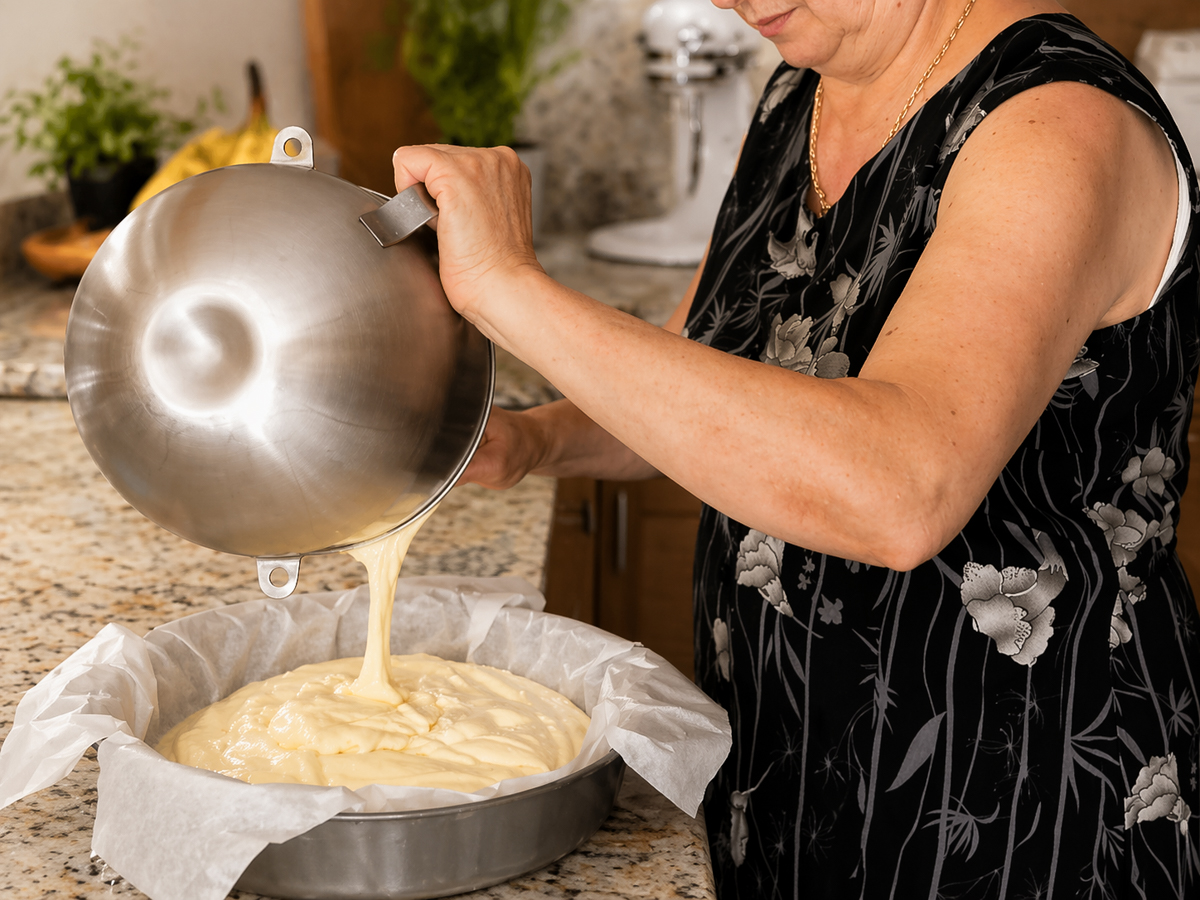 A woman in a black floral dress pours cake batter for a Traditional Italian Birthday Cake from a metal bowl into a round, parchment-lined pan on a granite kitchen countertop.