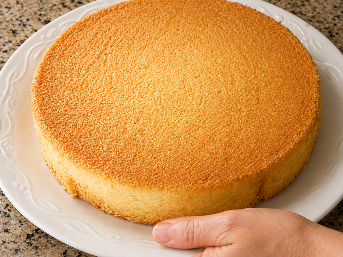 A hand holding a white plate with a round, golden-brown sponge cake, reminiscent of a Traditional Italian Birthday Cake, placed on a speckled countertop.