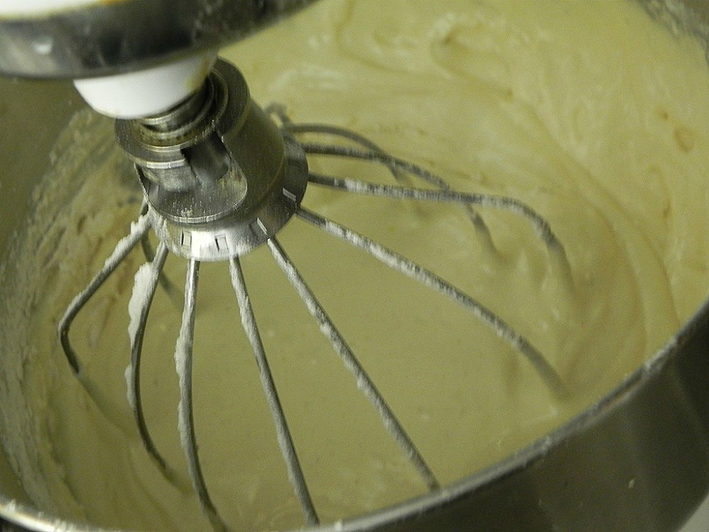 overhead image of batter in a mixer