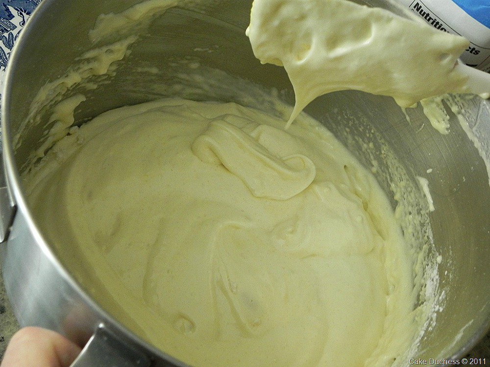 overhead image of whipped batter in mixing bowl