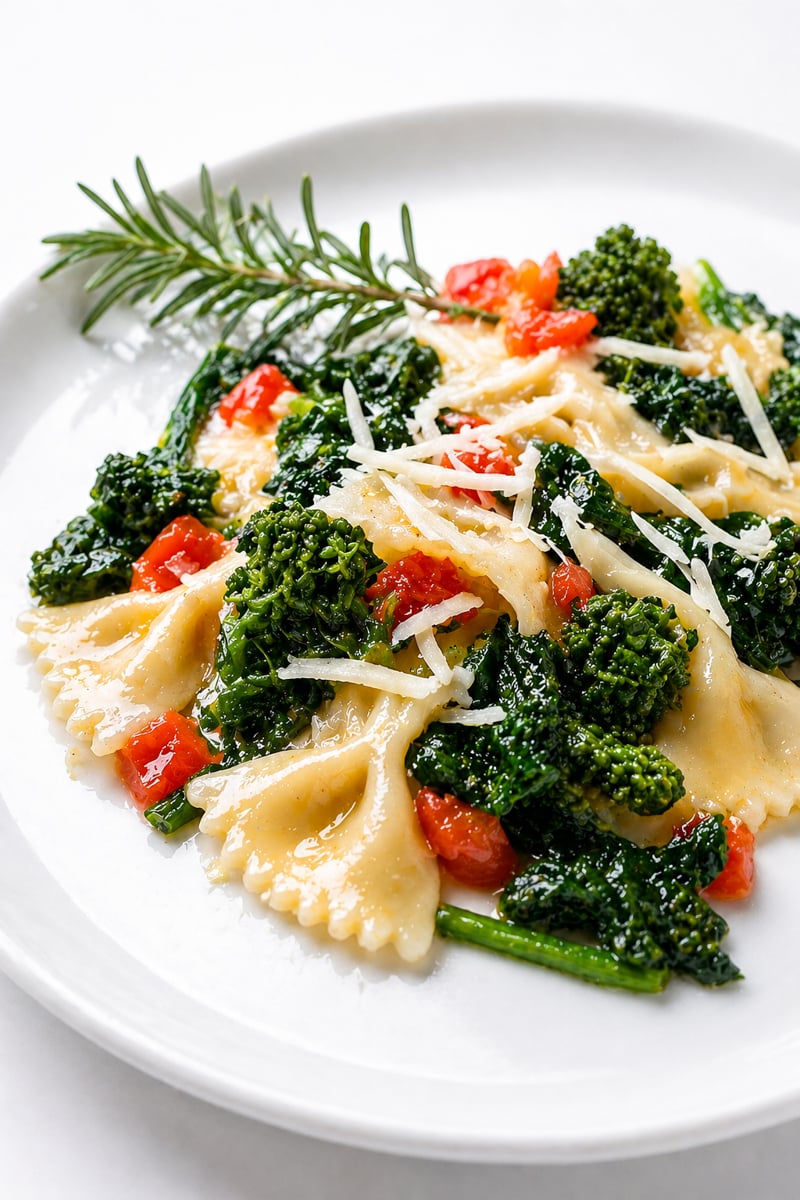 Plate of Farfalle con Broccoli Rapini with sautéed broccolini, chopped tomatoes, and grated cheese, garnished with a sprig of rosemary on a white plate.
