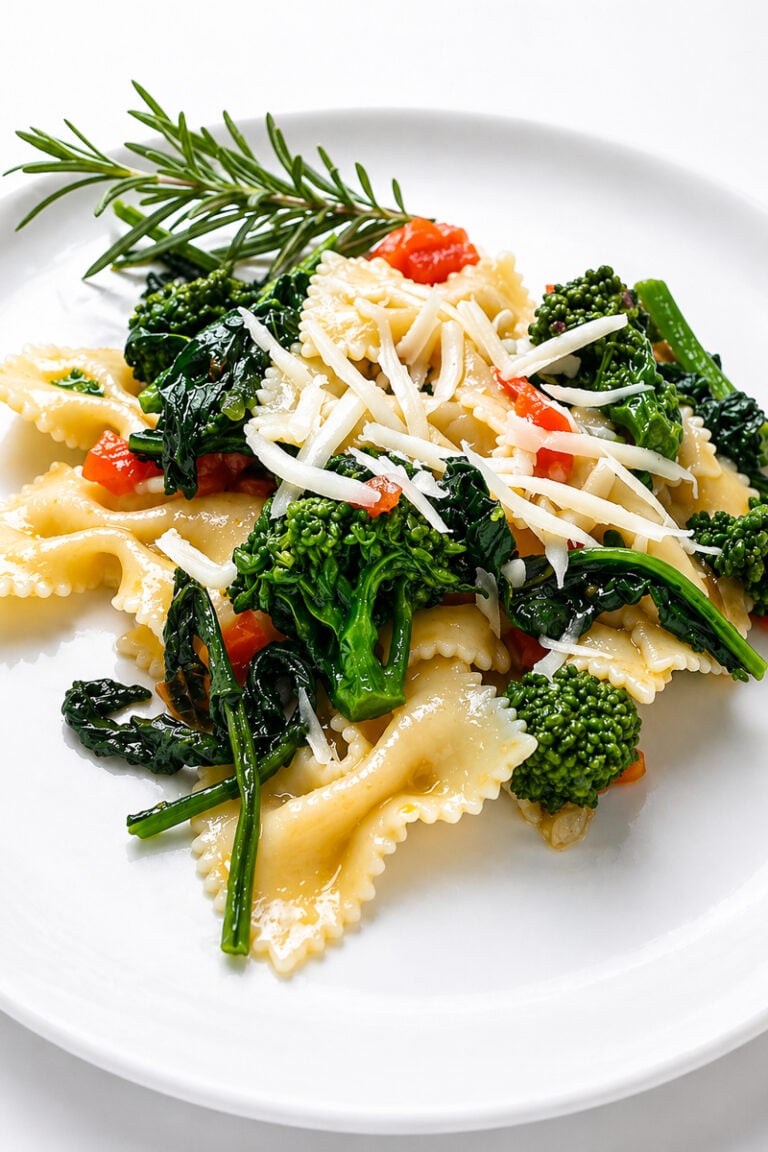 A plate of Farfalle con Broccoli Rapini features bow-tie pasta mixed with broccoli, sautéed greens, red bell peppers, and topped with shredded cheese, garnished with a sprig of rosemary.