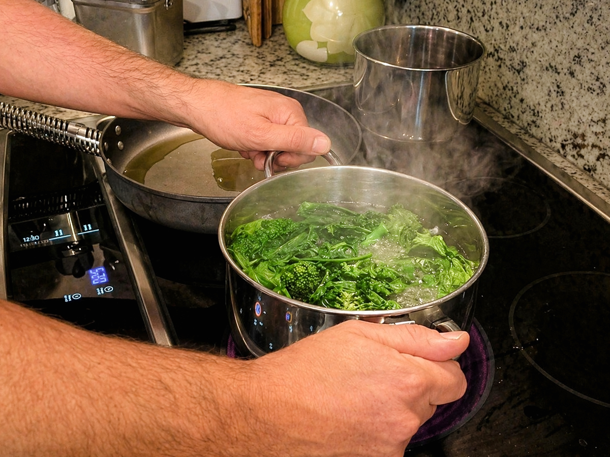 A person prepares Farfalle con Broccoli Rapini, holding a pot of boiling water with leafy green vegetables on the stove. Steam rises as a pan of oil and another pot sit nearby, ready for the next steps.