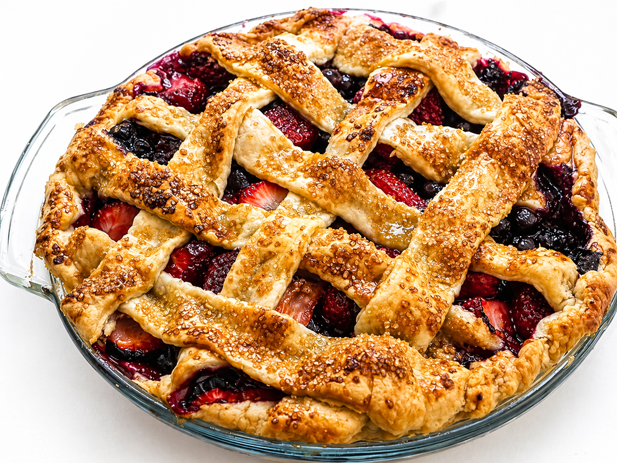 A freshly baked Pomegranate-Mixed Berry Pie in a glass dish, topped with a golden-brown lattice crust and sprinkled with coarse sugar, shows vibrant berries peeking through the flaky pastry.