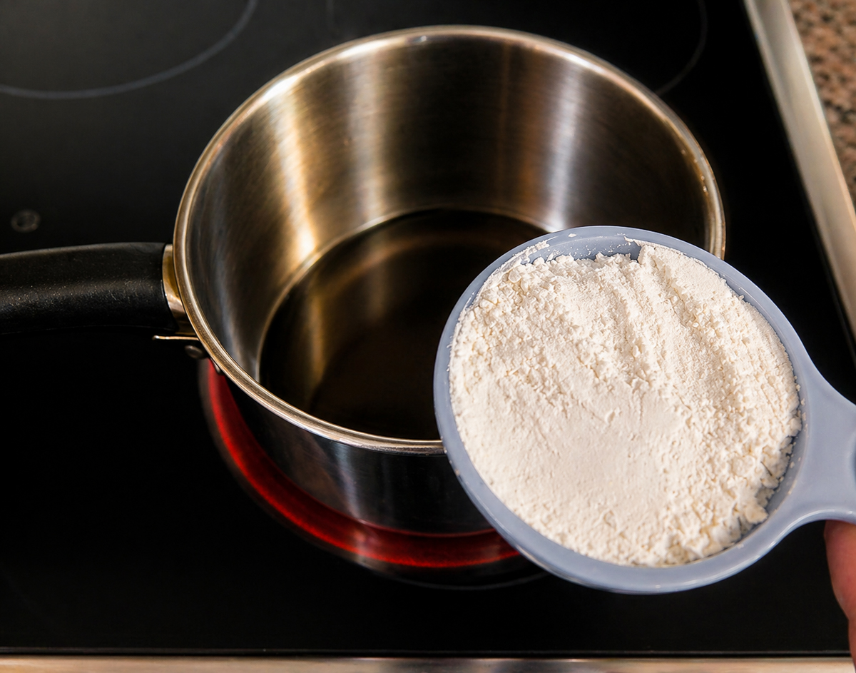 A hand holds a measuring cup filled with flour above a stainless steel saucepan on a stovetop, preparing to add the flour for a delicious Pomegranate-Mixed Berry Pie.