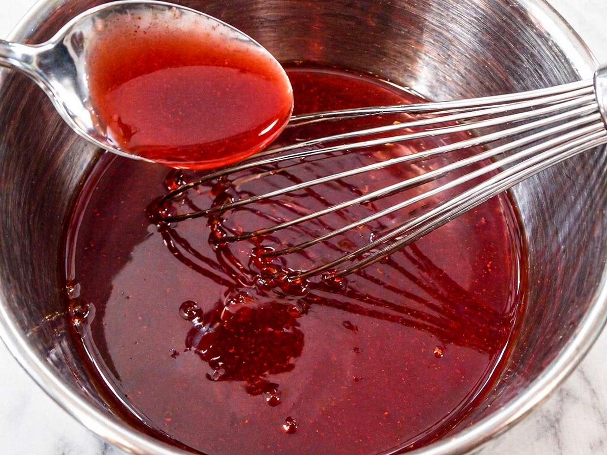 A metal bowl holds a glossy red raspberry sauce, perfect for topping a Pomegranate-Mixed Berry Pie, with a whisk resting inside. A spoon lifts some of the sauce above the bowl, showing its smooth, liquid texture.