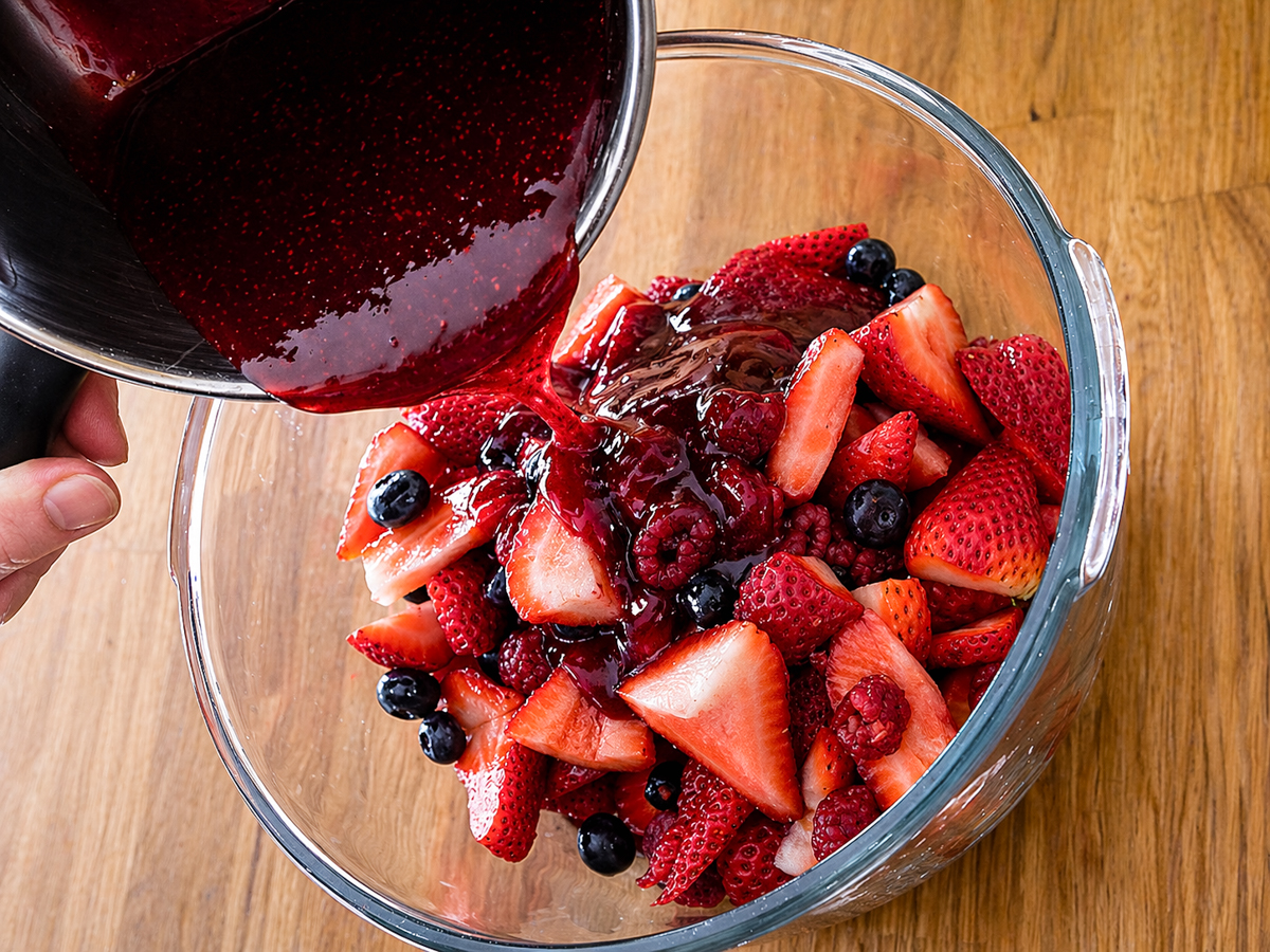A hand pours a thick red sauce from a pot onto a glass bowl filled with sliced strawberries, blueberries, and raspberries-perfect for making a delicious Pomegranate-Mixed Berry Pie-on a wooden surface.
