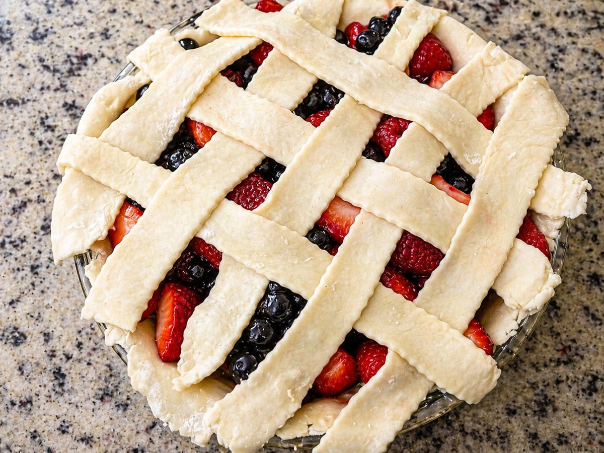 A Pomegranate-Mixed Berry Pie with a lattice crust sits on a speckled countertop, brimming with fresh strawberries and blueberries peeking through the dough strips.