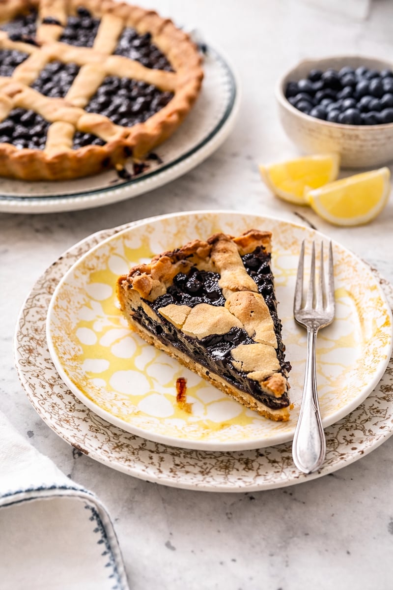 A slice of blueberry pie with a lattice crust on a patterned plate, accompanied by a fork. In the background are the remaining pie, fresh blueberries, and lemon wedges&mdash;perfect inspiration for your next blueberry crostata recipe.