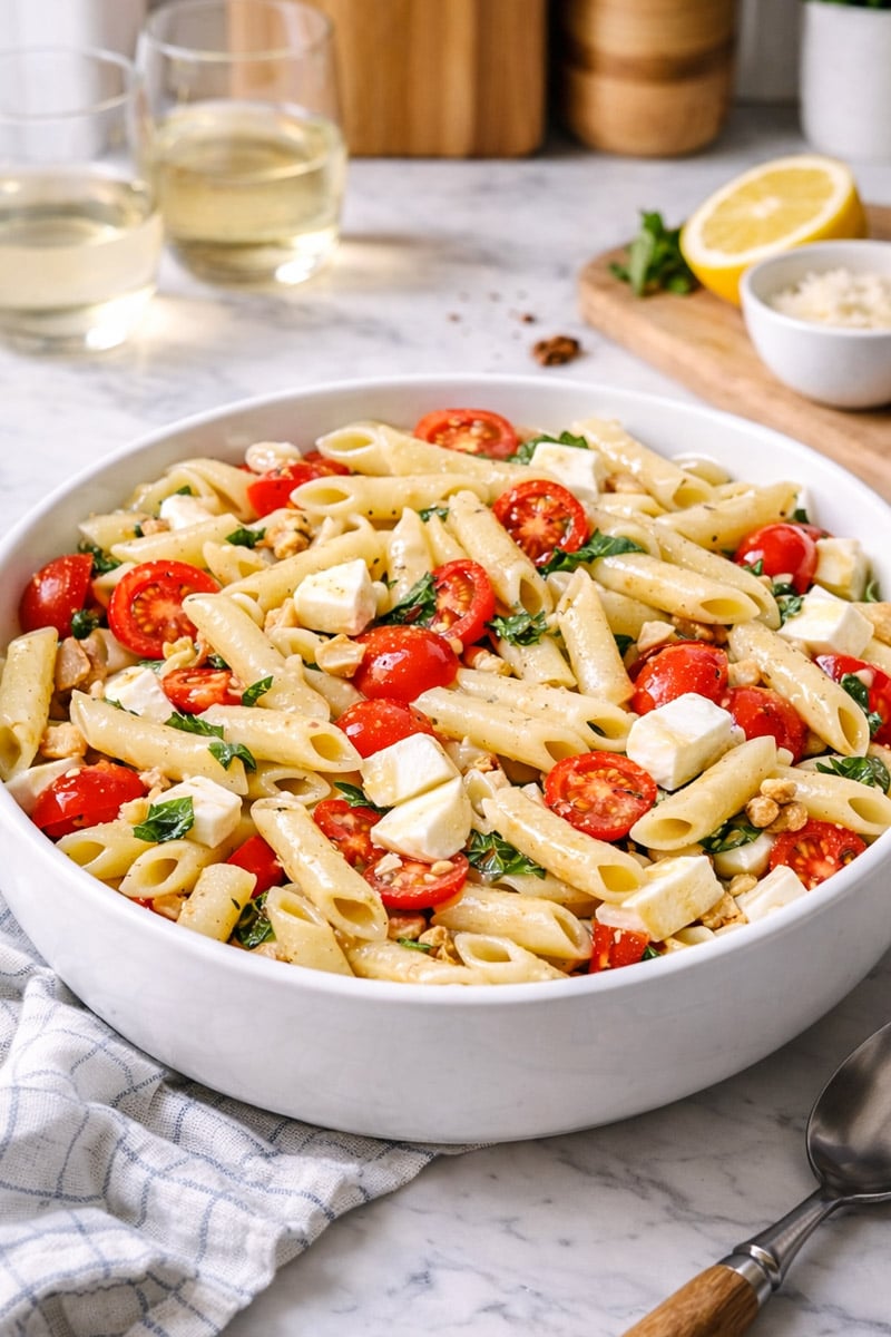 A large white bowl filled with Penne with Mozzarella, cherry tomatoes and basil, plus fresh chopped nuts. Behind the bowl are two glasses of white wine, a lemon half, grated cheese, and a wooden cutting board.
