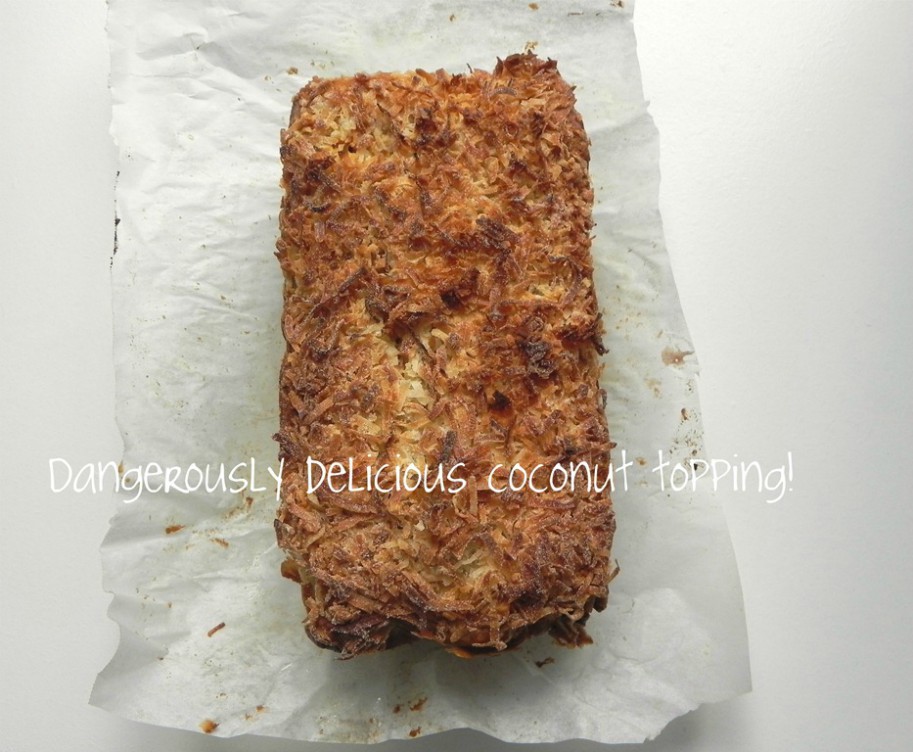 overhead image of toasted coconut mango banana bread