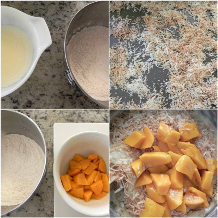 overhead image of making mango coconut bread