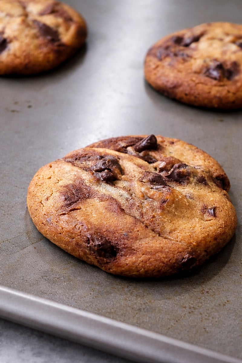 A close-up of The Best Browned Butter and Molasses Chocolate Chip Cookies resting on a metal baking sheet, with melted chocolate visible in the soft, golden-brown dough.