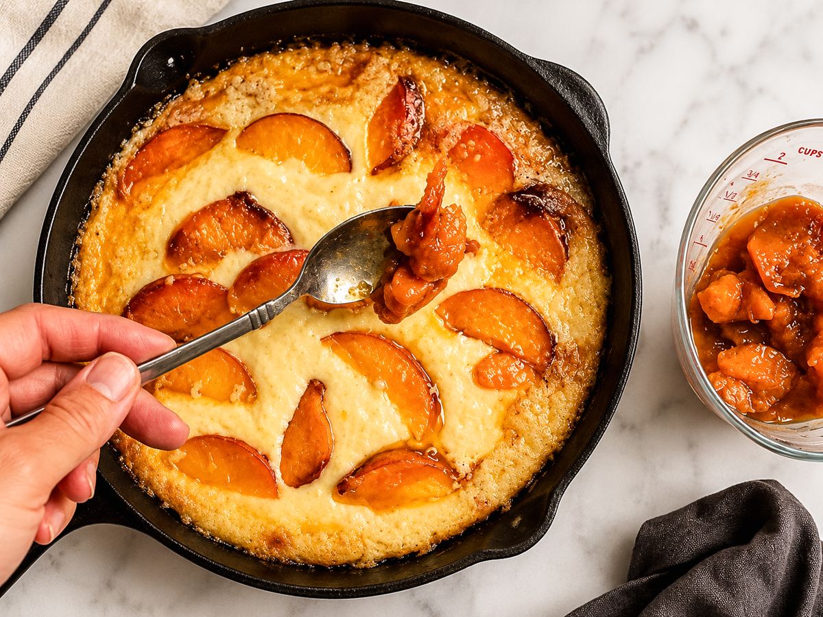A hand scoops Skillet Peach Cobbler from a cast iron skillet, with golden baked peaches on top. Nearby, a measuring cup holds extra peach filling, all set on a marble countertop.