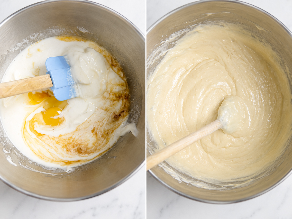 Side-by-side images show a mixing bowl with Skillet Peach Cobbler ingredients being mixed with a blue spatula on the left, and the resulting smooth, creamy batter in the bowl on the right.