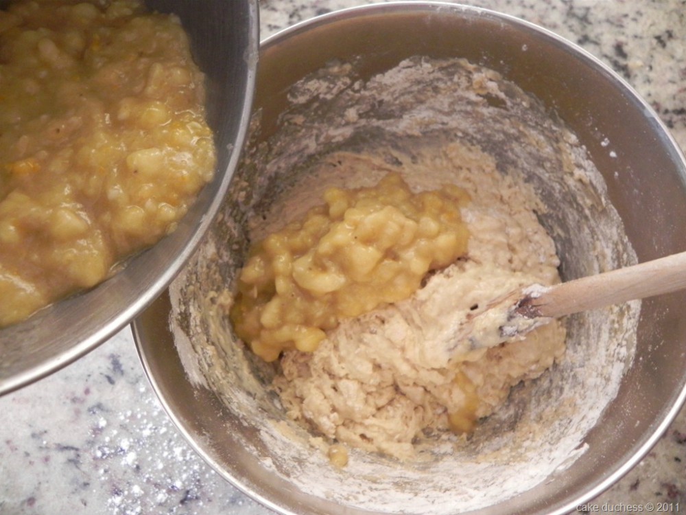 overhead image of mashed bananas in a batter