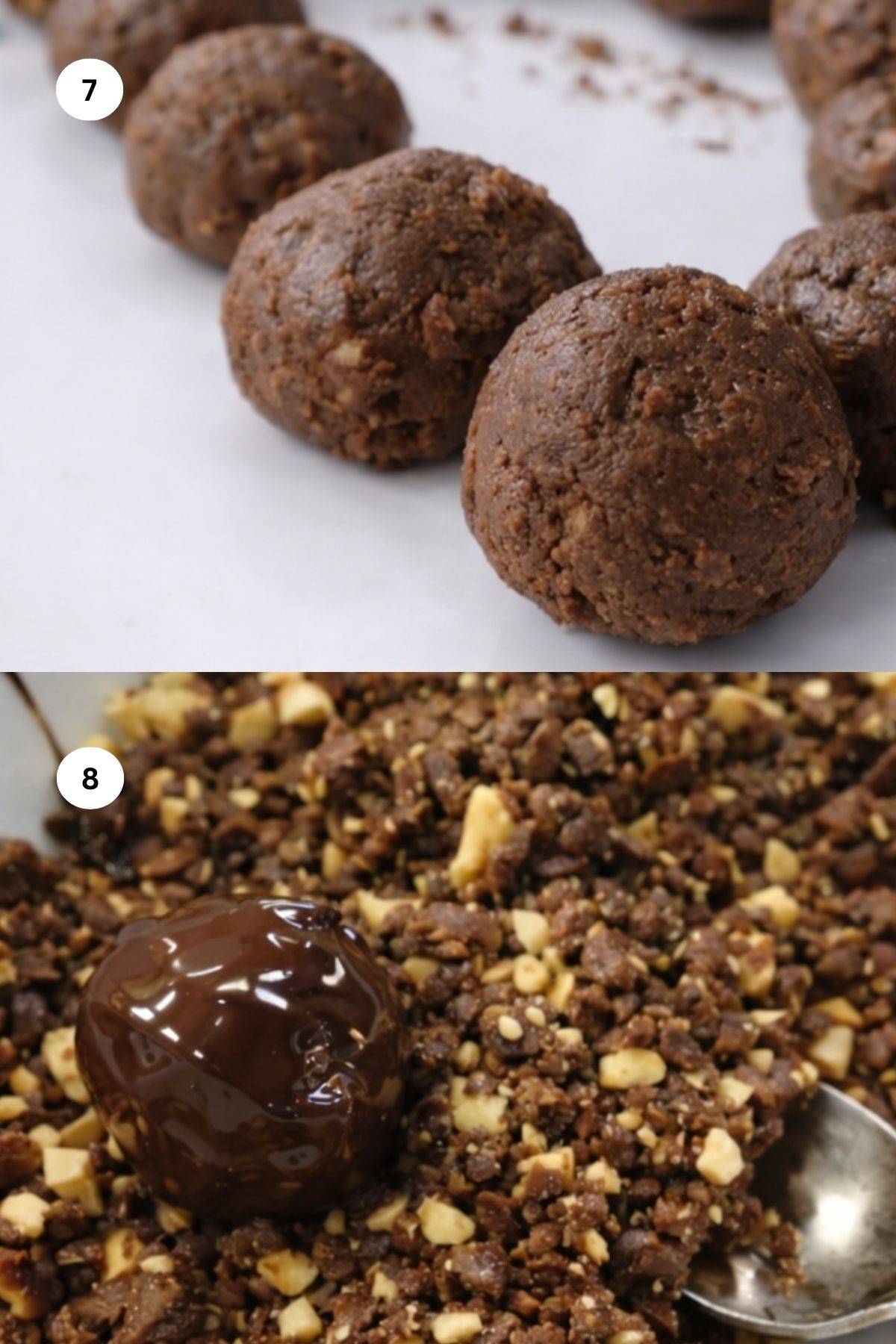 Top: Several round chocolate balls on a white surface. Bottom: One chocolate ball coated in chocolate sits on a bed of crushed nuts and chocolate crumbs, about to be rolled.