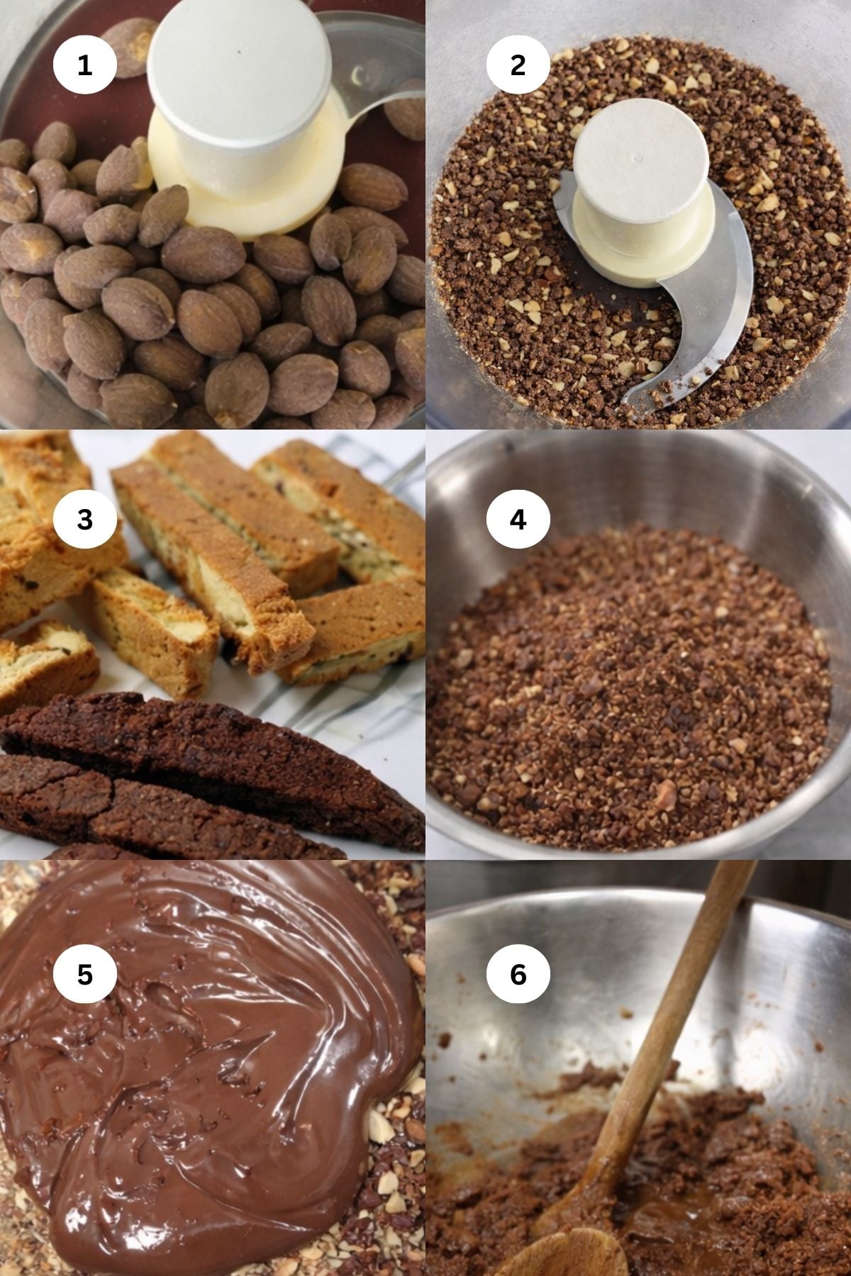 A step-by-step collage shows: 1) whole almonds in a food processor, 2) chopped almonds, 3) slices of biscotti, 4) crumbled biscotti in a bowl, 5) melted chocolate spread on crumbles, 6) mixture stirred with a wooden spoon.