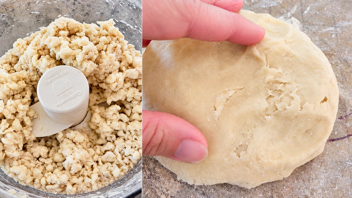A side-by-side view of a food processor bowl filled with coarse crumbs for an Autumn Crostata and hands pressing the dough into a smooth ball.