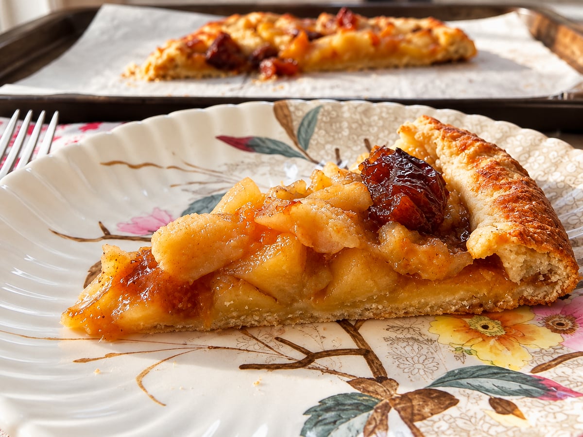 A slice of fruit Autumn Crostata on a floral plate, with a whole galette on a baking sheet in the background.