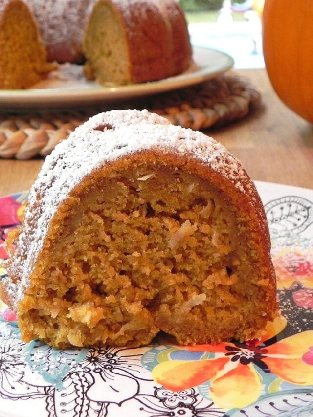 pumpkin coconut bundt cake on a plate.