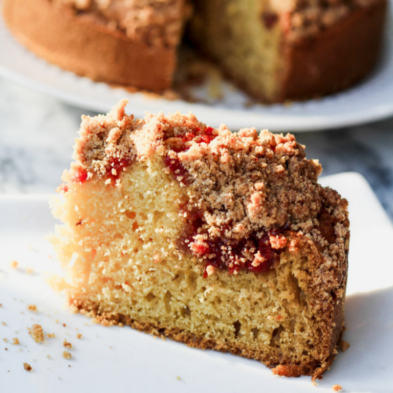 overhead image of guava jam cake slice