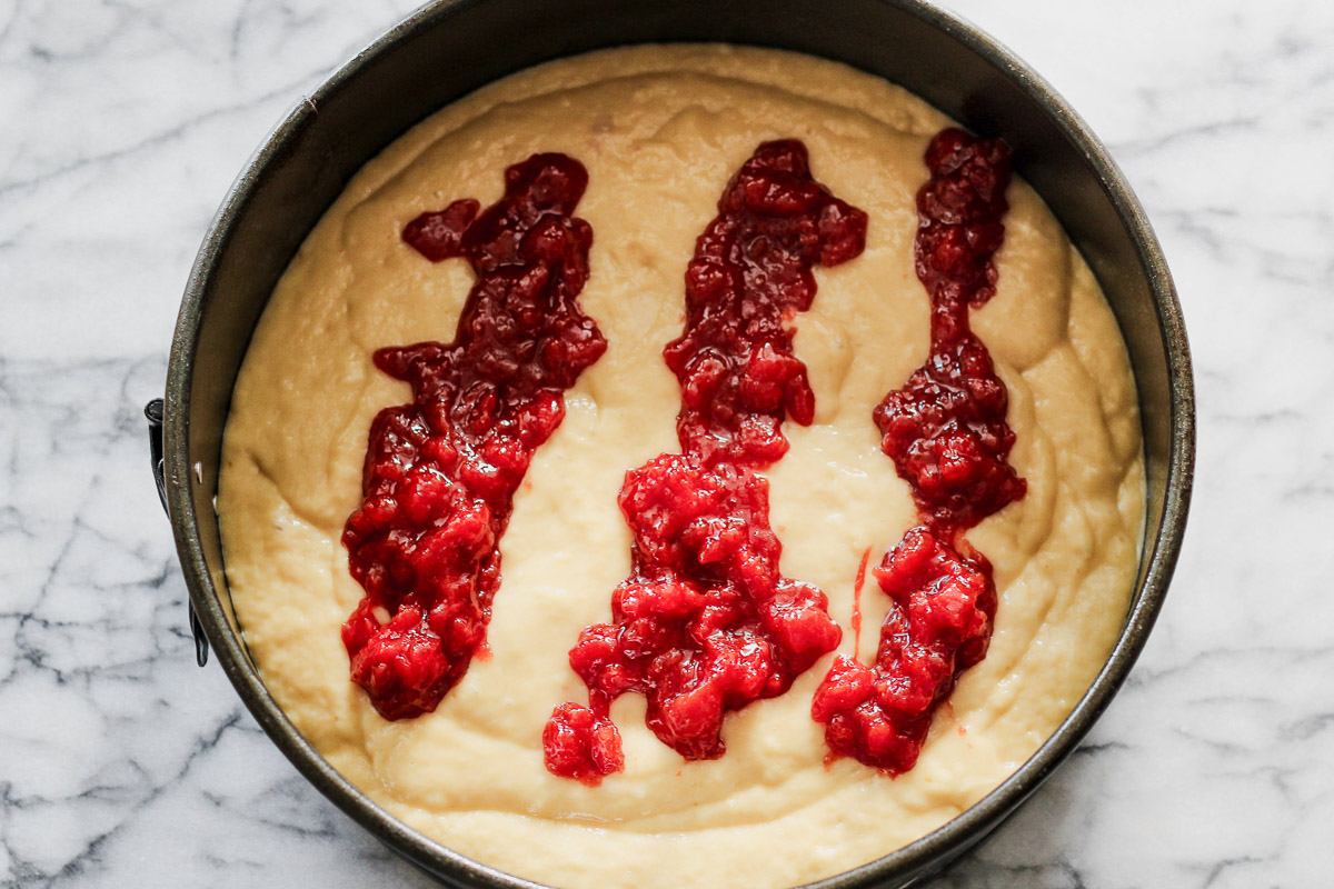 overhead image of guava jam cake slice