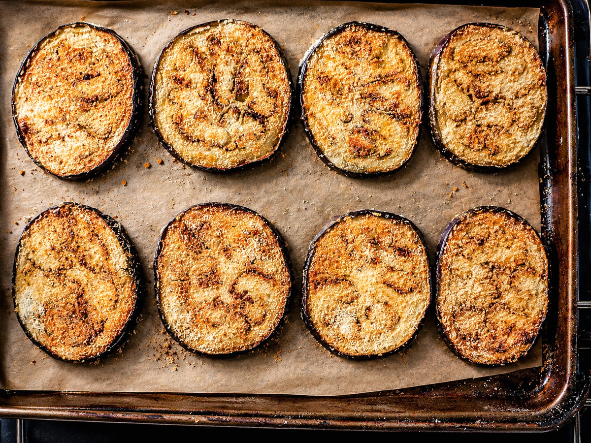 Eight round slices of breaded and baked eggplant are arranged in rows on a parchment-lined baking sheet, golden brown and crispy&mdash;perfect for layering in your Eggplant Lasagne-Lasagne di Melanzane.
