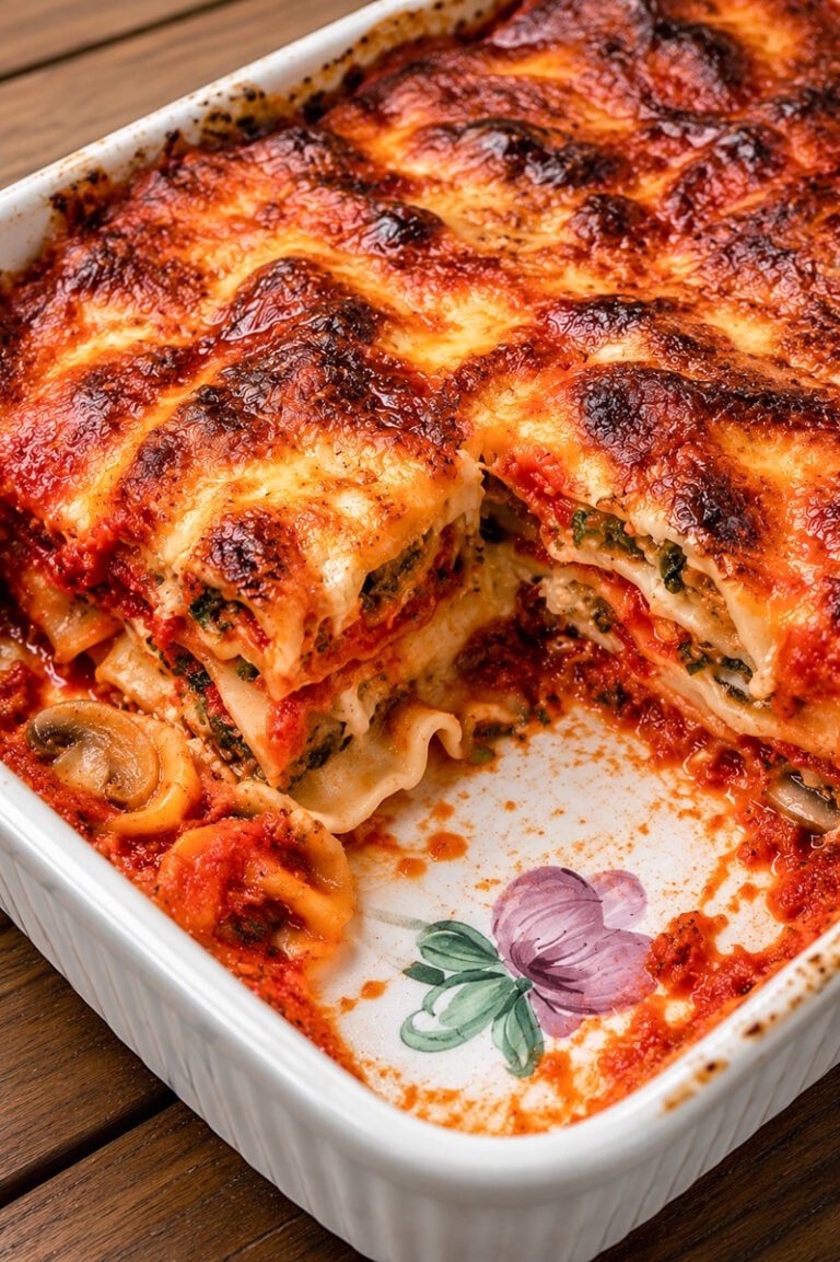 A baked Eggplant Lasagne-Lasagne di Melanzane in a white ceramic dish with a floral design. A large portion is cut out, revealing layers of pasta, spinach, cheese, tomato sauce, mushrooms, and golden crispy top.